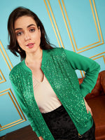 Women Embellished Standard Green Full Sleeve Jacket