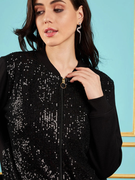 Women Embellished Standard Black Full Sleeve Jacket