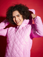 Women Solid Standard Pink High Neck Full Sleeve Jacket