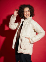 Women Solid Standard Beige High Neck Full Sleeve Jacket