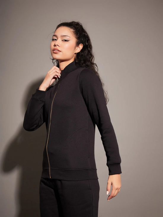 Women Solid Standard Black Full Sleeve Jacket