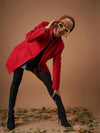 Women Red Jacquard Tweed Mandarin Collar Longline Blazer