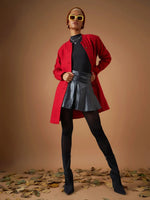 Women Red Jacquard Tweed Mandarin Collar Longline Blazer