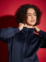 Women Solid Standard Navy Full Sleeve Jacket