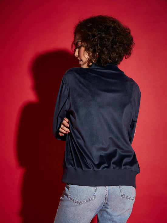 Women Solid Standard Navy Full Sleeve Jacket