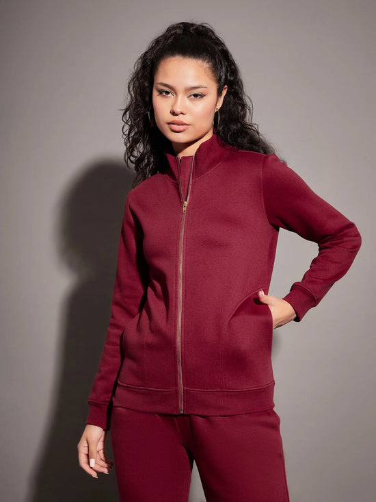 Women Solid Standard Maroon Full Sleeve Jacket