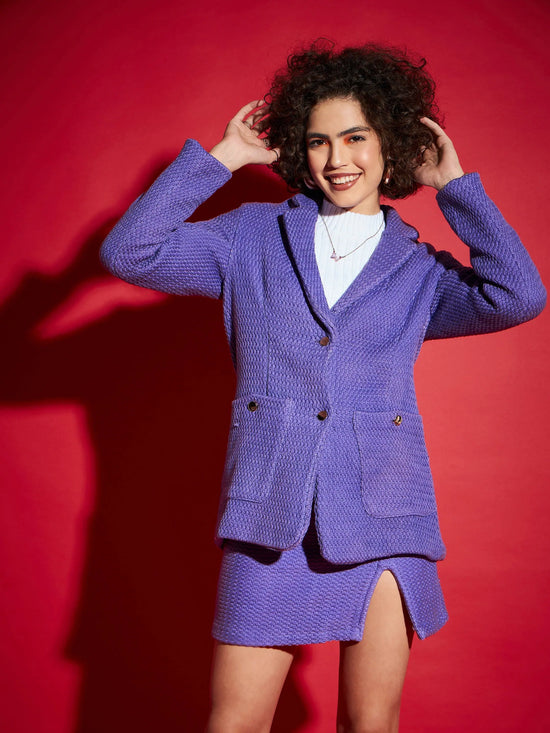 Women Purple Tweed Notch Collar Blazer