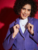 Women Purple Tweed Notch Collar Blazer