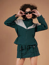 Women Color Blocked Standard Green Full Sleeve Jacket