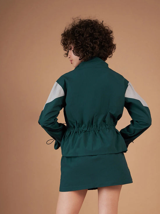 Women Color Blocked Standard Green Full Sleeve Jacket