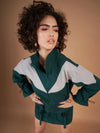 Women Color Blocked Standard Green Full Sleeve Jacket