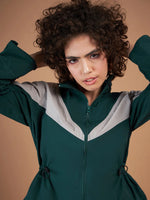 Women Color Blocked Standard Green Full Sleeve Jacket