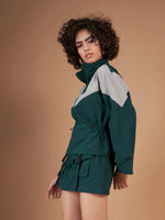 Women Color Blocked Standard Green Full Sleeve Jacket