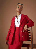 Women Red Check Jacquard Tweed Notch Collar Blazer