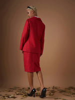 Women Red Check Jacquard Tweed Notch Collar Blazer