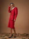 Women Red Check Jacquard Tweed Notch Collar Blazer