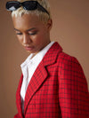 Women Red Check Jacquard Tweed Notch Collar Blazer