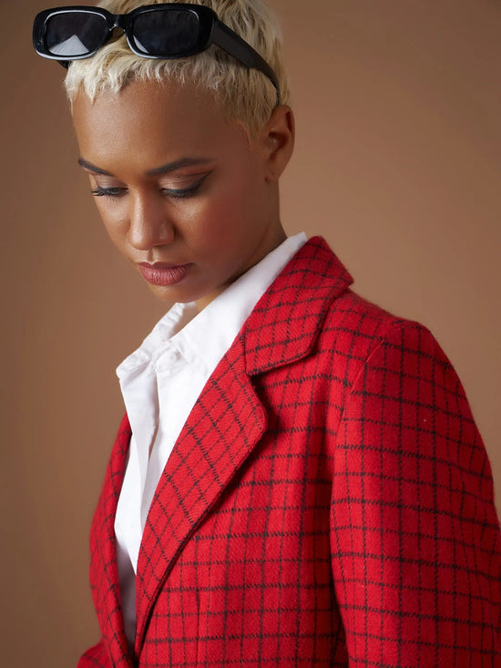 Women Red Check Jacquard Tweed Notch Collar Blazer