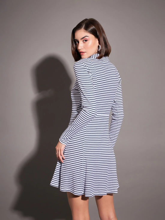 Women Navy & White Striped Rib Polo Neck Skater Dress