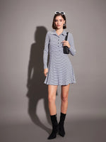 Women Navy & White Striped Rib Polo Neck Skater Dress