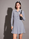 Women Navy & White Striped Rib Polo Neck Skater Dress