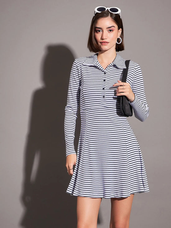 Women Navy & White Striped Rib Polo Neck Skater Dress