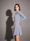 Women Navy & White Striped Rib Polo Neck Skater Dress