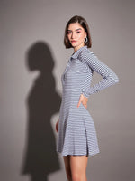 Women Navy & White Striped Rib Polo Neck Skater Dress