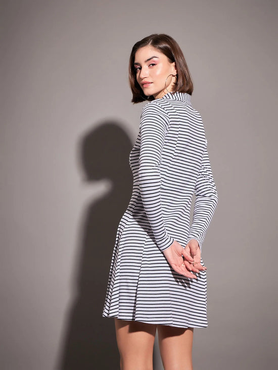 Women Black & White Striped Rib Polo Neck Skater Dress