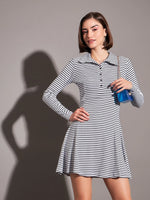 Women Black & White Striped Rib Polo Neck Skater Dress