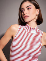 Women Red & White Striped Rib Turtle Neck Sleeveless Dress