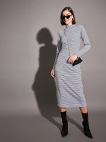 Women Black & White Striped Rib High Neck Maxi Dress