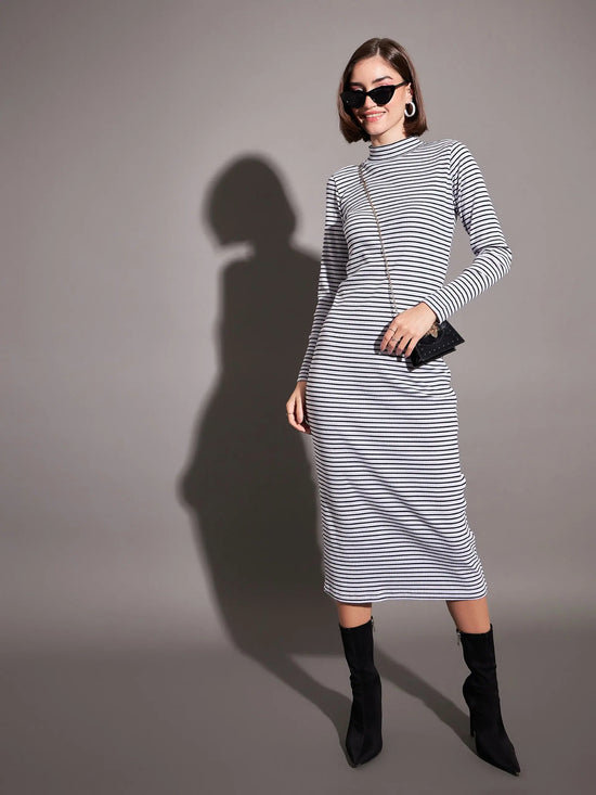 Women Black & White Striped Rib High Neck Maxi Dress