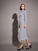 Women Navy & White Striped Rib High Neck Maxi Dress