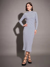 Women Navy & White Striped Rib High Neck Maxi Dress