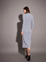 Women Navy & White Striped Rib High Neck Maxi Dress