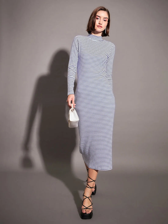 Women Navy & White Striped Rib High Neck Maxi Dress