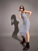 Women Navy & White Striped Rib Turtle Neck Sleeveless Dress