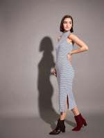 Women Navy & White Striped Rib Turtle Neck Sleeveless Dress