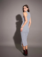 Women Navy & White Striped Rib Turtle Neck Sleeveless Dress