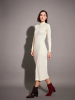 Women Off-White Rib High Neck Maxi Dress