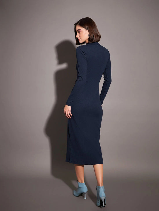 Women Navy Rib High Neck Maxi Dress