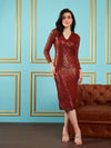 Women Rust Sequin V-Neck Midi Dress