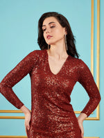 Women Rust Sequin V-Neck Midi Dress