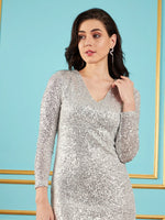 Women Silver Sequin V-Neck Midi Dress