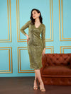 Women Olive Sequin V-Neck Midi Dress