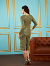 Women Olive Sequin V-Neck Midi Dress