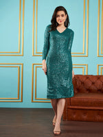 Women Green Sequin V-Neck Midi Dress