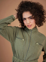 Women Olive Twill Front Zipper Mini Dress