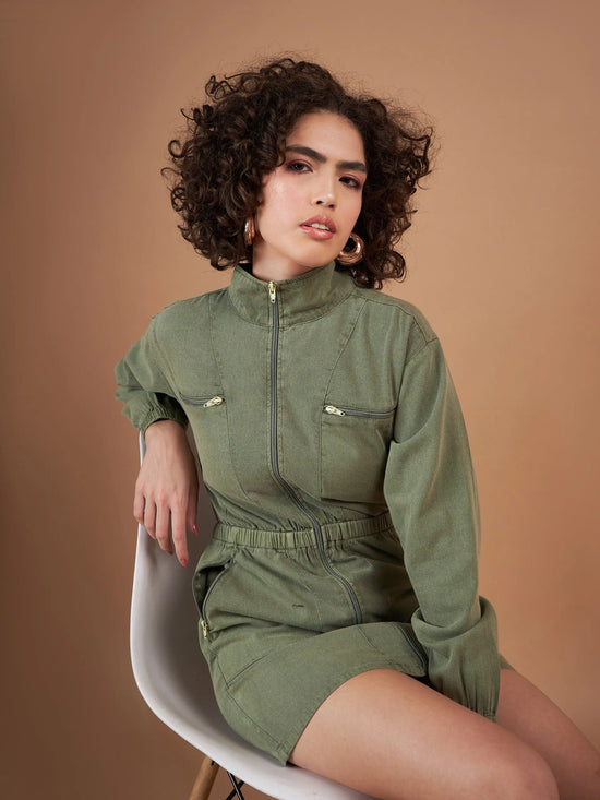 Women Olive Twill Front Zipper Mini Dress